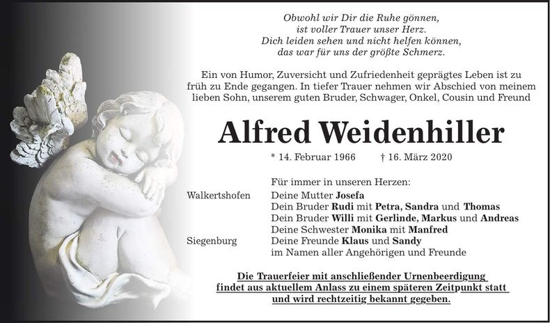 Traueranzeige Alfred Weidenhiller