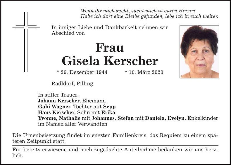 Traueranzeige Gisela Kerscher