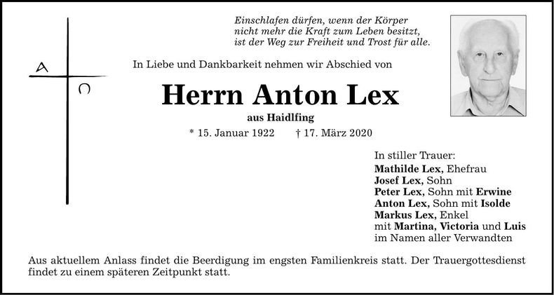 Traueranzeige Anton Lex