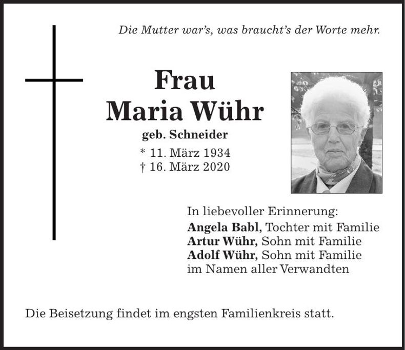 Traueranzeige Maria Wihr