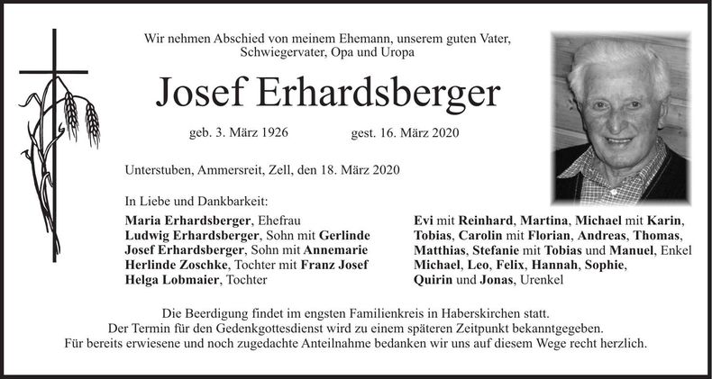 Traueranzeige Josef Erhardsberger