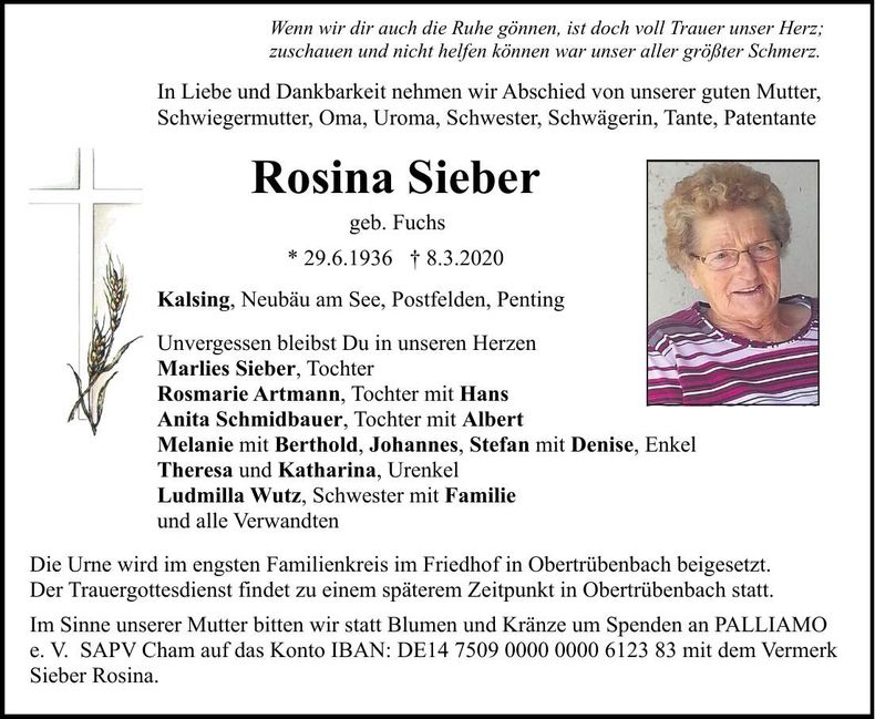 Traueranzeige Rosina Sieber