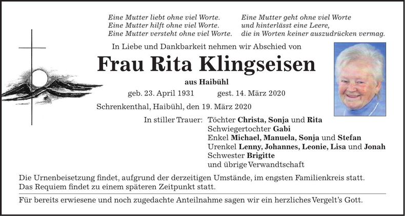 Traueranzeige Rita Klingseisen