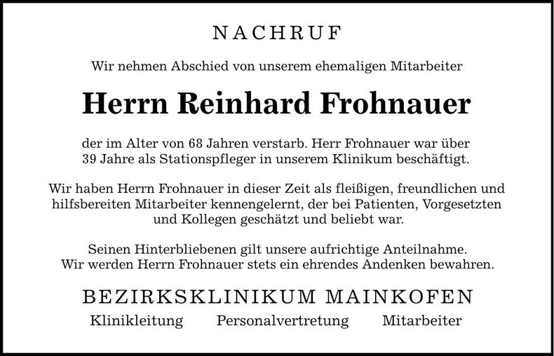 Traueranzeige Reinhard Frohnauer