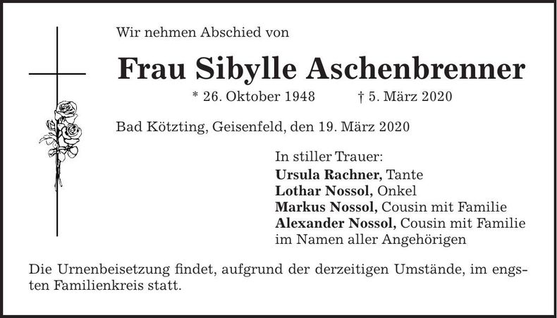 Traueranzeige Sibylle Aschenbrenner