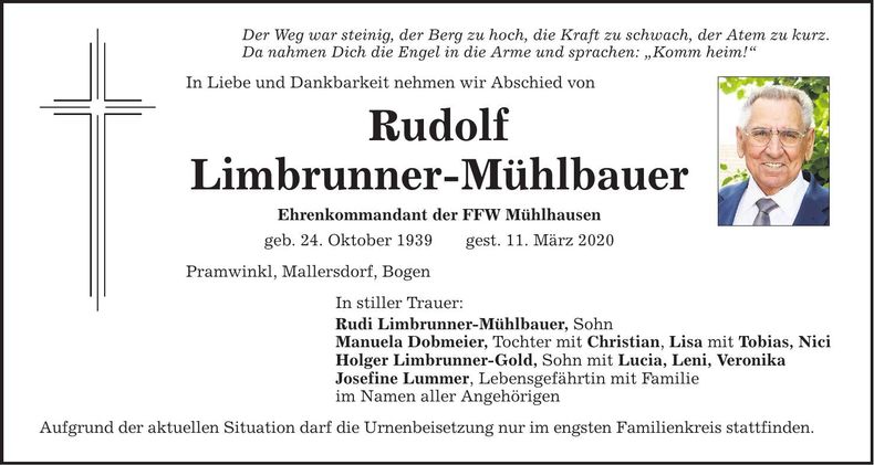 Traueranzeige Rudolf Limbrunner-Mühlbauer