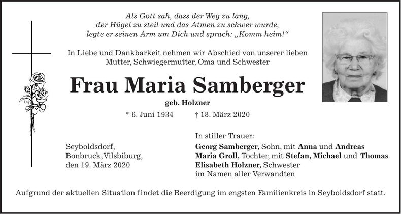 Traueranzeige Maria Samberger
