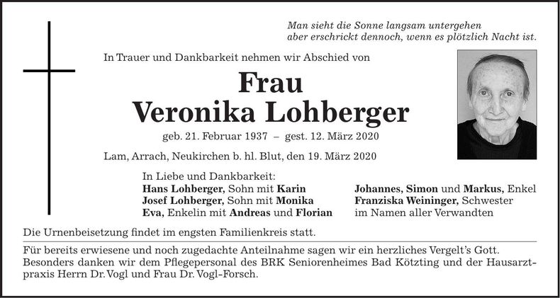 Traueranzeige Veronika Lohberger