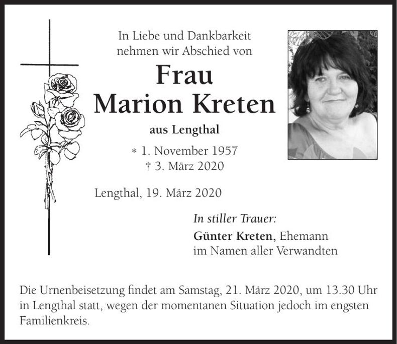 Traueranzeige Marion Kreten