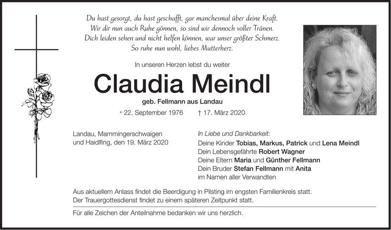 Traueranzeige Claudia Meindl