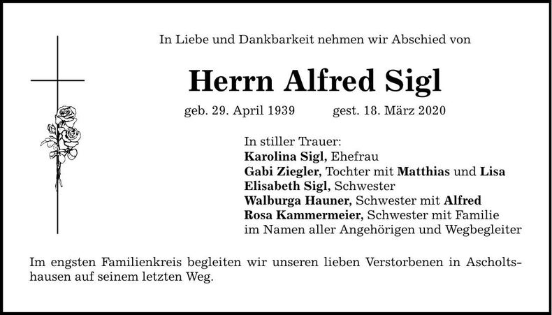 Traueranzeige Alfred Sigl