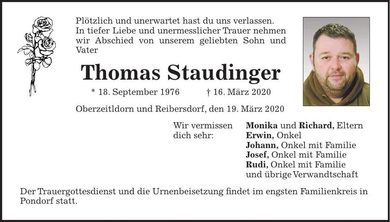Traueranzeige Thomas Staudinger