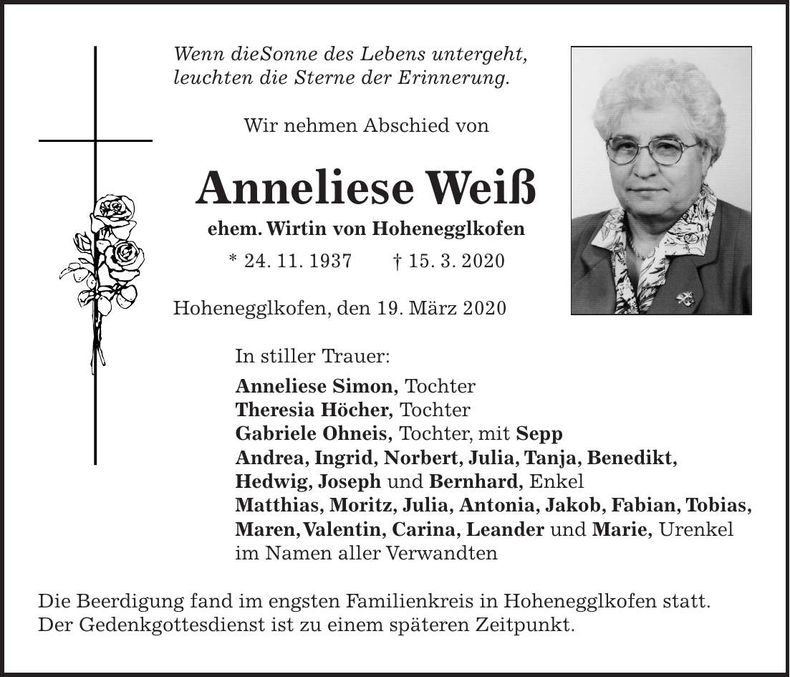 Traueranzeige Anneliese Weiß
