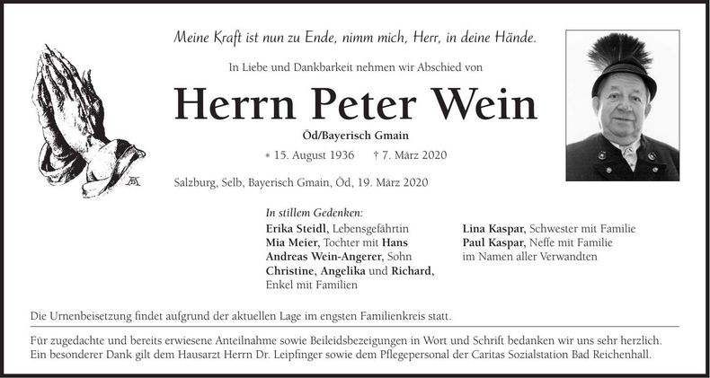 Traueranzeige Peter Wein
