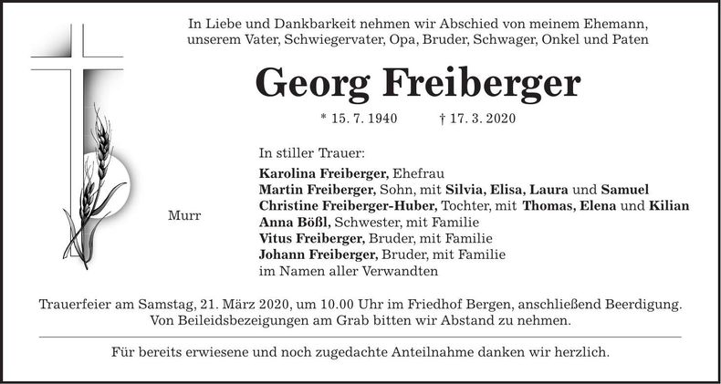 Traueranzeige Georg Freiberger