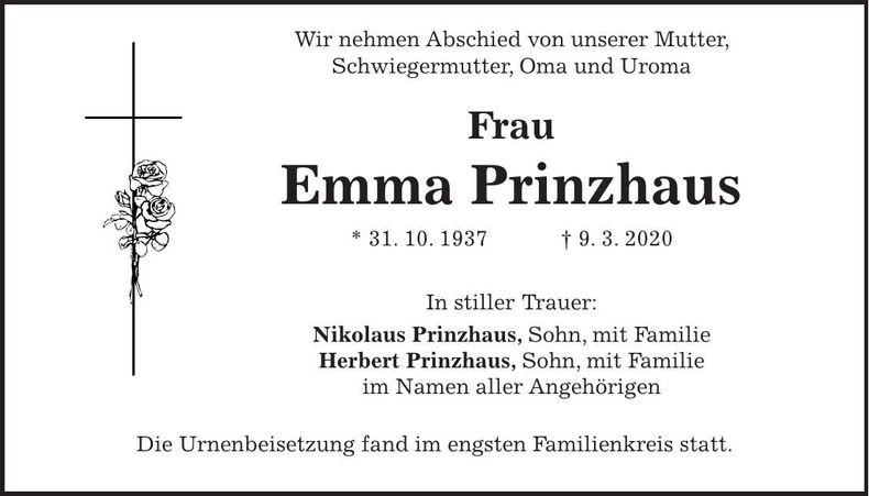 Traueranzeige Emma Prinzhaus