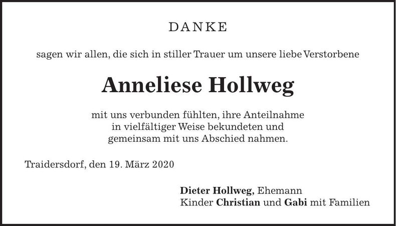 Traueranzeige Anneliese Hollweg