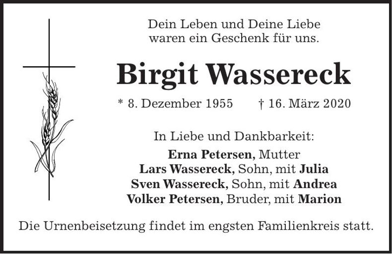 Traueranzeige Birgit Wassereck