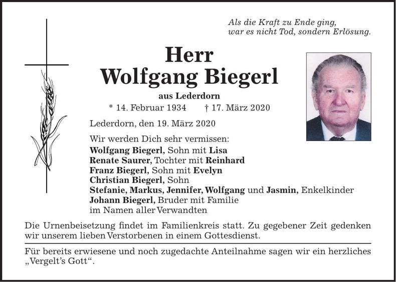 Traueranzeige Wolfgang Biegerl