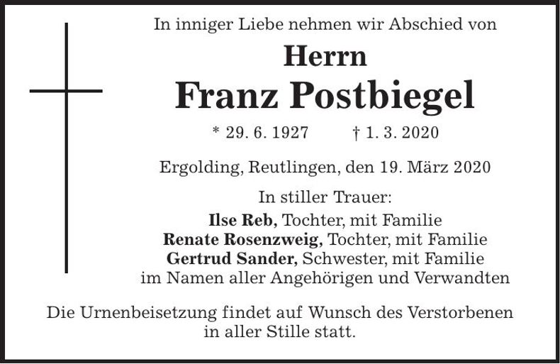 Traueranzeige Franz Postbiegel