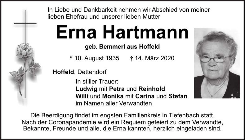 Traueranzeige Erna Hartmann