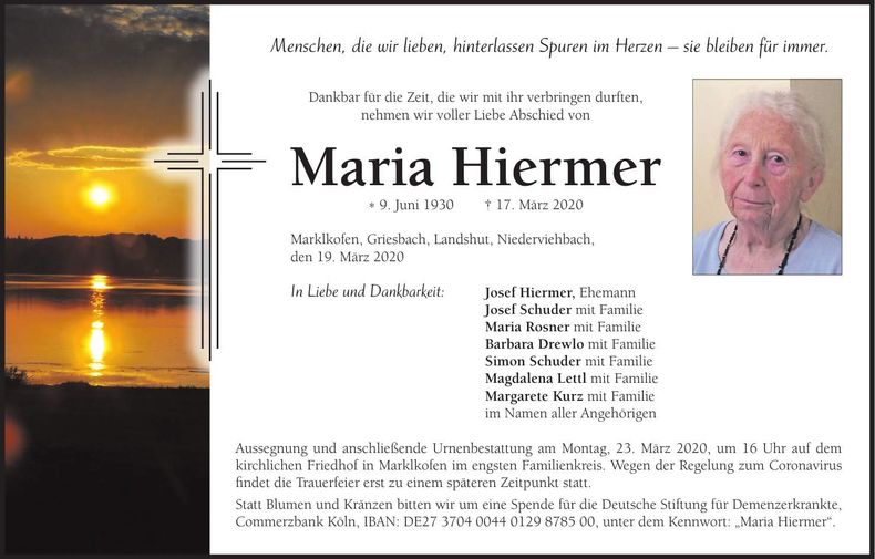 Traueranzeige Maria Hiermer