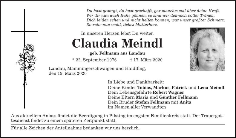 Traueranzeige Claudia Meindl