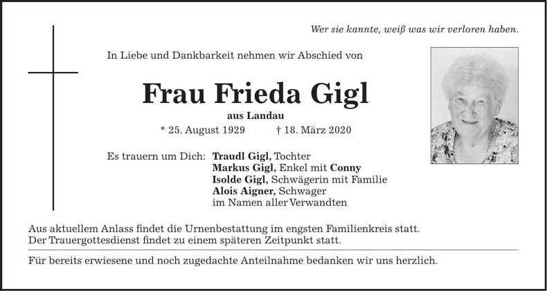 Traueranzeige Frieda Gigl