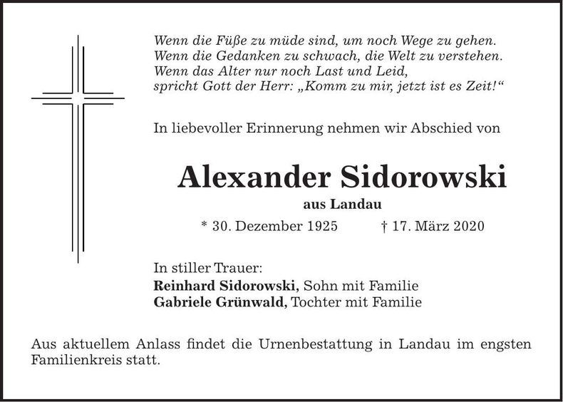 Traueranzeige Alexander Sidorowski