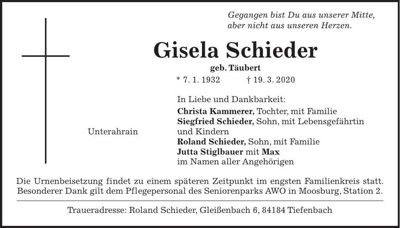 Traueranzeige Gisela Schieder