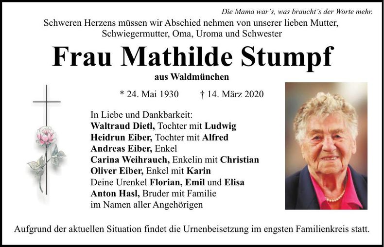 Traueranzeige Mathilde Stumpf