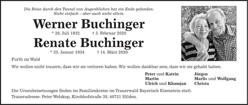 Traueranzeige Werner u. Renate Buchinger