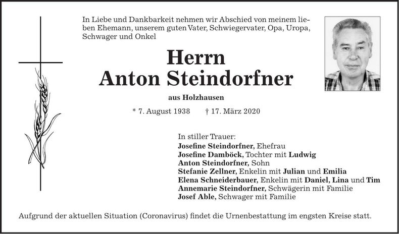 Traueranzeige Anton Steindorfner