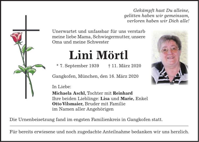 Traueranzeige Lini Mörtl