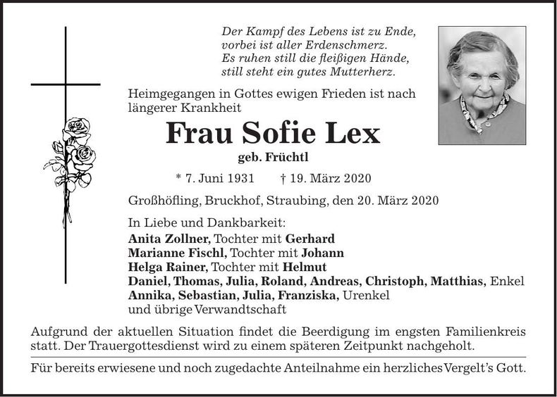 Traueranzeige Sofie Lex