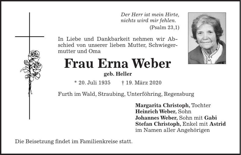 Traueranzeige Erna Weber