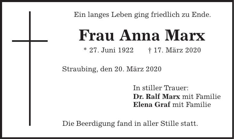 Traueranzeige Anna Marx