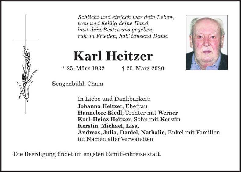 Traueranzeige Karl Heitzer