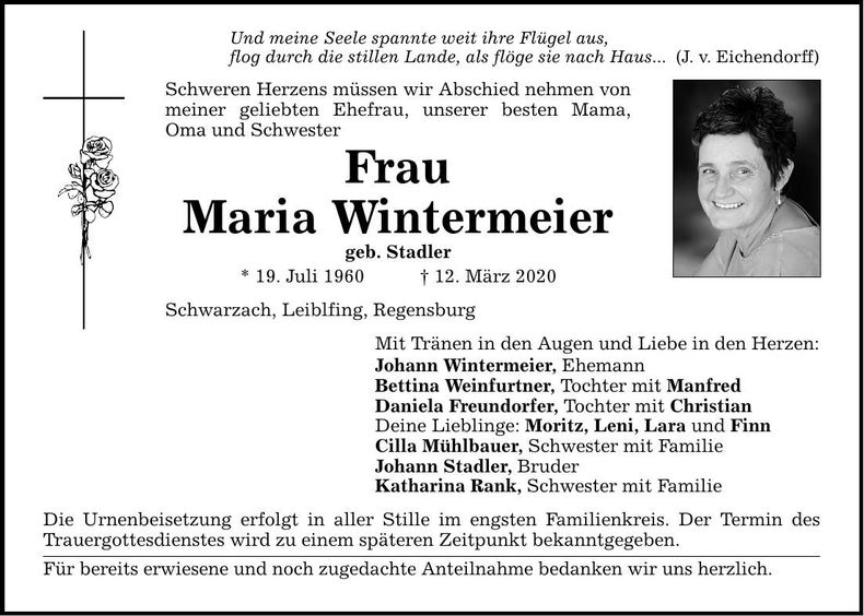 Traueranzeige Maria Wintermeier