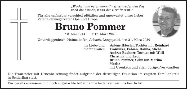 Traueranzeige Bruno Pommer