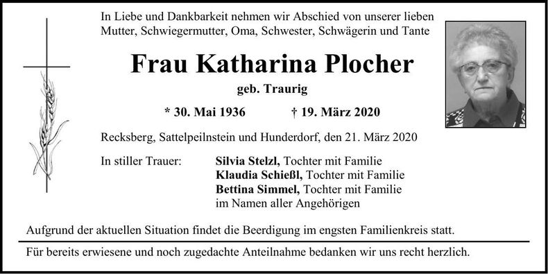 Traueranzeige Katharina Plocher
