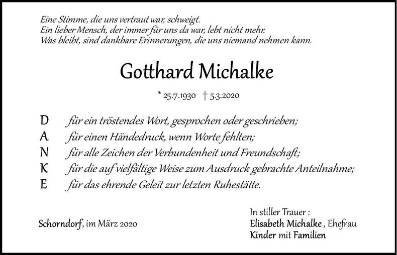 Traueranzeige Gotthard Michalke