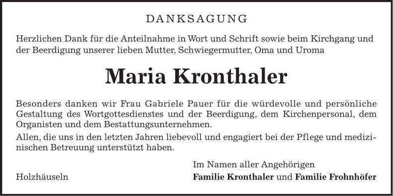 Traueranzeige Maria Kronthaler