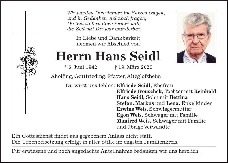 Traueranzeige Hans Seidl