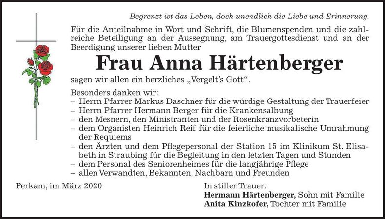 Traueranzeige Anna Härtenberger