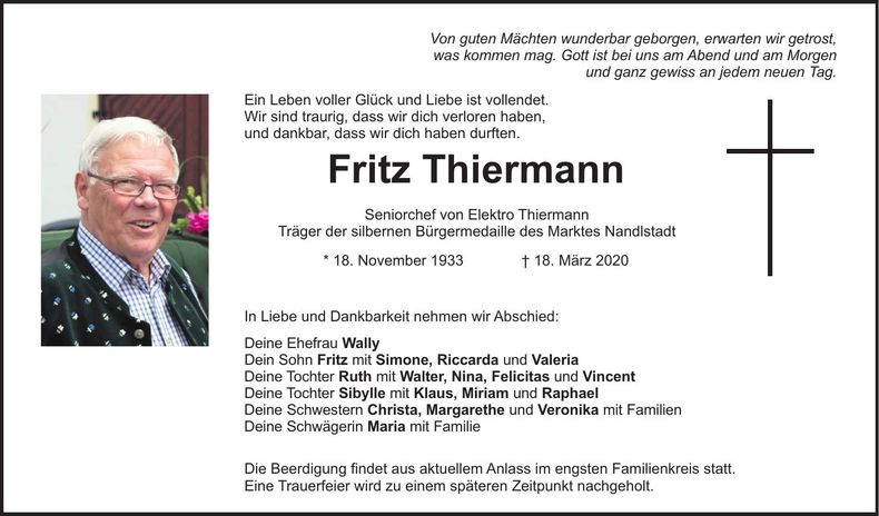 Traueranzeige Fritz Thiermann