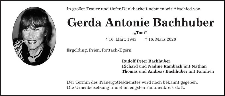 Traueranzeige Gerda Antonie Bachhuber