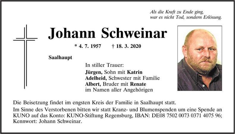Traueranzeige Johann Schweinar