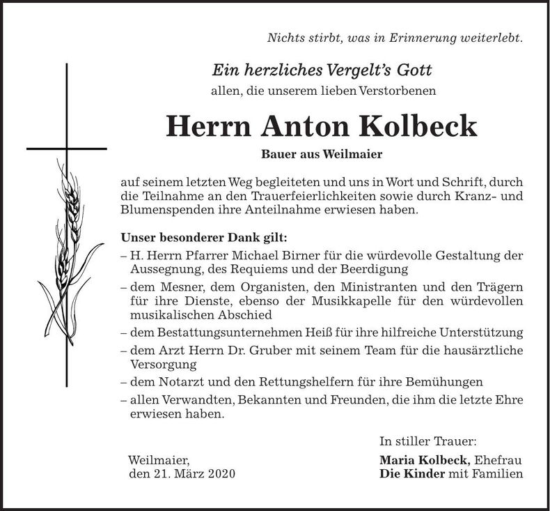 Traueranzeige Anton Kolbeck