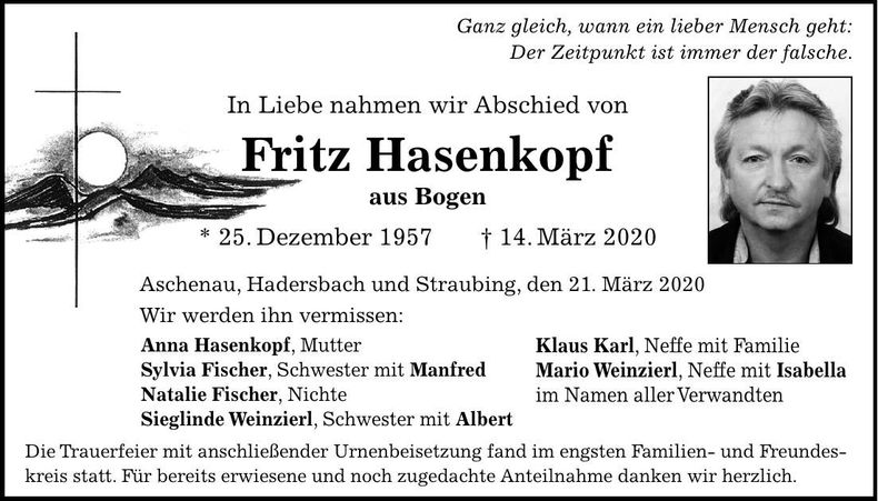 Traueranzeige Fritz Hasenkopf